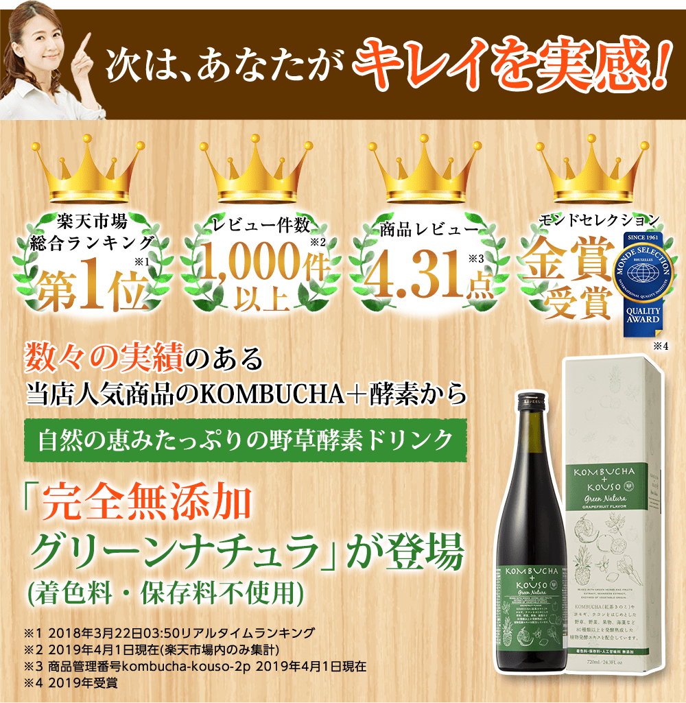 次はあなたがキレイを実感!/楽天市場総合ランキング1位(2018年3月22日03:50リアルタイムランキング)/レビュー件数1,000件以上(2019年4月1日現在 楽天市場内のみ集計)/商品レビュー4.31点(商品管理番号kombucha-kouso-2p 2019年4月現在)/モンドセレクション金賞受賞(2019年受賞)