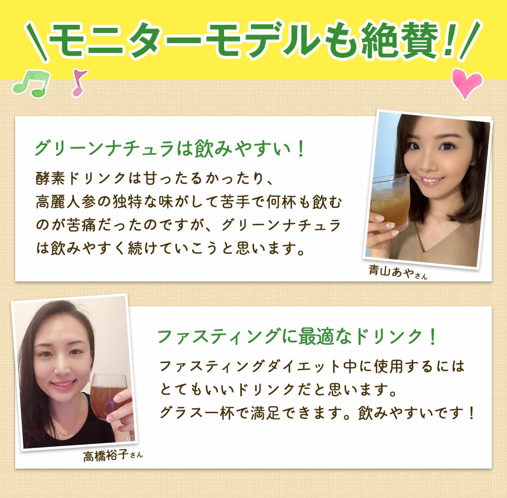 モニターモデルも絶賛!グリーンナチュラは飲みやすい!酵素ドリンクは甘ったるかったり、高麗人参の独特な味が苦手で何杯も飲むのが苦痛だったのですが、グリーンナチュラは飲みやすく続けていこうと思います。ファスティングに最適なドリンク!ファスティングダイエット中に使用するにはとてもいいドリンクだと思います。グラス1杯で満足できます。飲みやすいです!