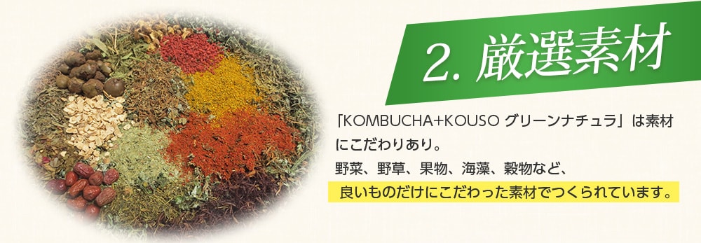 2.厳選素材/「KOMBUCHA+KOUSO グリーンナチュラ」は素材にこだわりあり。野菜、野草、果物、海藻、穀物など、良いものだけにこだわった素材でつくられています。