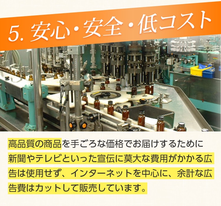 5.安心・安全・低コスト/「よいものを手ごろな価格でお届けする」をモットーに、お客様に満足していただける商品開発を目指し、日々努力しております。その結果、ドラッグストア、薬局、ディスカウントストアなどにも商品を納めており、安心・安全・低コストを実現しております。