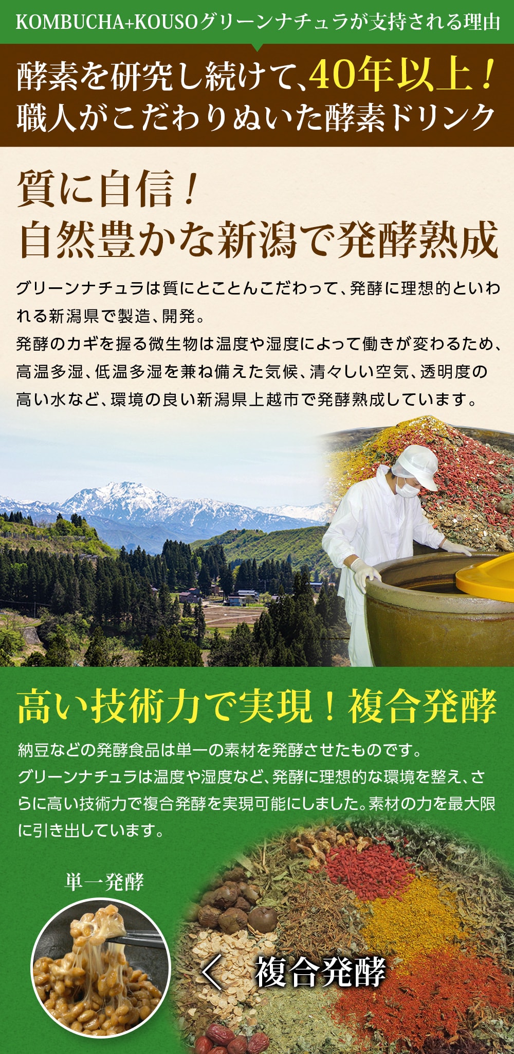 KOMBUCHA + KOUSO グリーンナチュラが支持される理由。酵素を研究し続けて、40年以上!職人がこだわりぬいた酵素ドリンク。質に自信!自然豊かな新潟で発酵熟成。グリーンナチュラは質にとことんこだわって、発酵に理想的といわれる新潟県で製造、開発。発酵のカギを握る微生物は温度や湿度によって働きが変わるため、高温多湿、低音多湿を兼ね備えた気候、清々しい空気、透明度の高い水、環境の良い新潟県上越市で発酵熟成しています。高い技術力で実現!複合発酵。納豆などの発酵食品は単一の素材を発酵させたものです。グリーンナチュラは温度や湿度など、発酵に理想的な環境を整え、さらに高い技術力で複合発酵を実現可能にしました。素材の力を最大限に引き出しています。