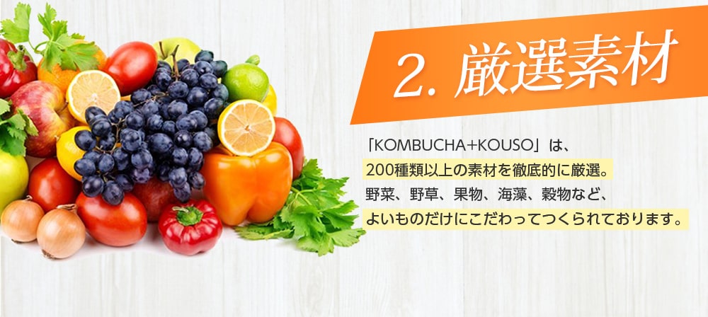 2.厳選素材/「KOMBUCHA+KOUSO」は、200種類以上の素材を徹底的に厳選。野菜、野草、果物、海藻、穀物など、よいものだけにこだわってつくられています。