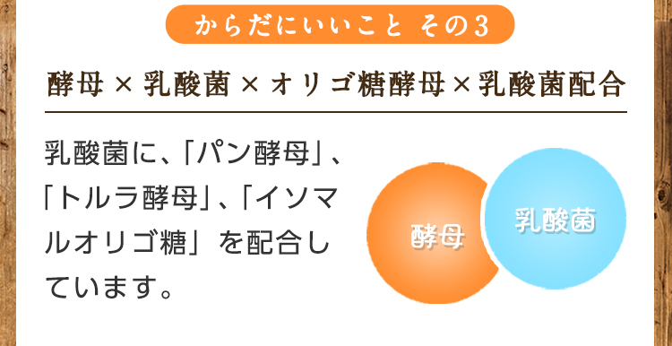 からだにいいことその3/酵母×乳酸菌×オリゴ糖酵母×乳酸菌配合/乳酸菌に、パン酵母として有名な「トルラ酵母」、「イソマルオリゴ糖」を配合しています。